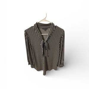Adrianna Papell Black & White Pinstripe Tie-Neck Blouse | Size M